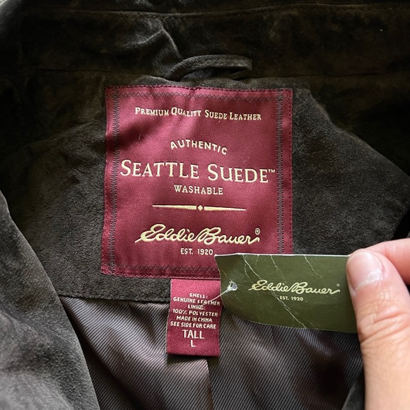 NWT Eddie Bauer Brown Genuine Suede Leather Trucker Harrington Jacket Men L Tall - Picture 4 of 16
